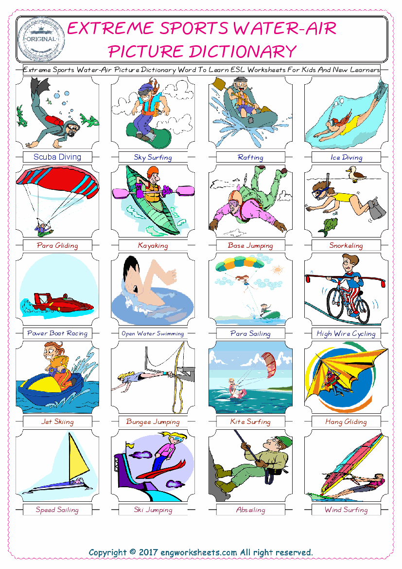  Extreme Sports Water-Air English Worksheet for Kids ESL Printable Picture Dictionary 